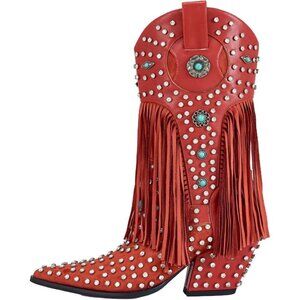 Red Fringe Rhinestone Embellishments Mid Calf Cowgirl Boots Turquoise Flower